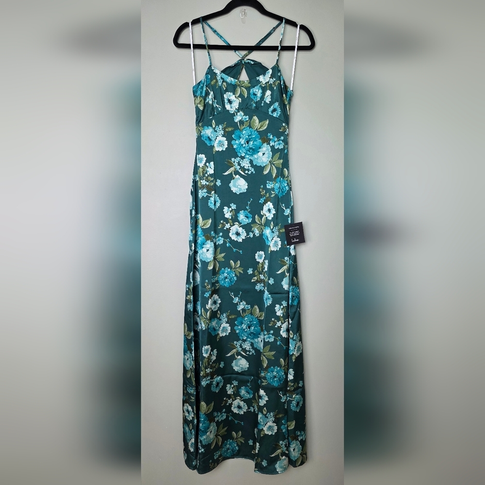 Lulus XS Wondrous Allure Green Floral Satin Backless Maxi Dress, Size XS - Picture 4 of 12